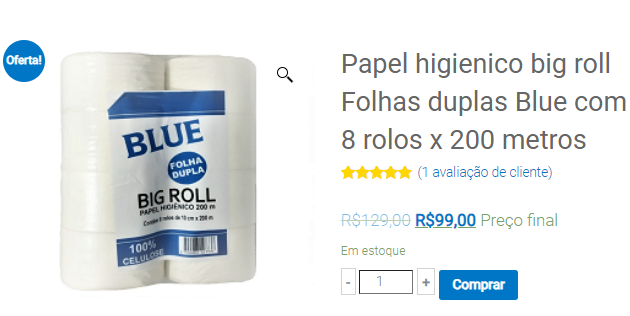 PAPEL HIGIENICO BLUE FOLHAS DUPLAS HIDROSSOLUVEL COM 8X200M 110624